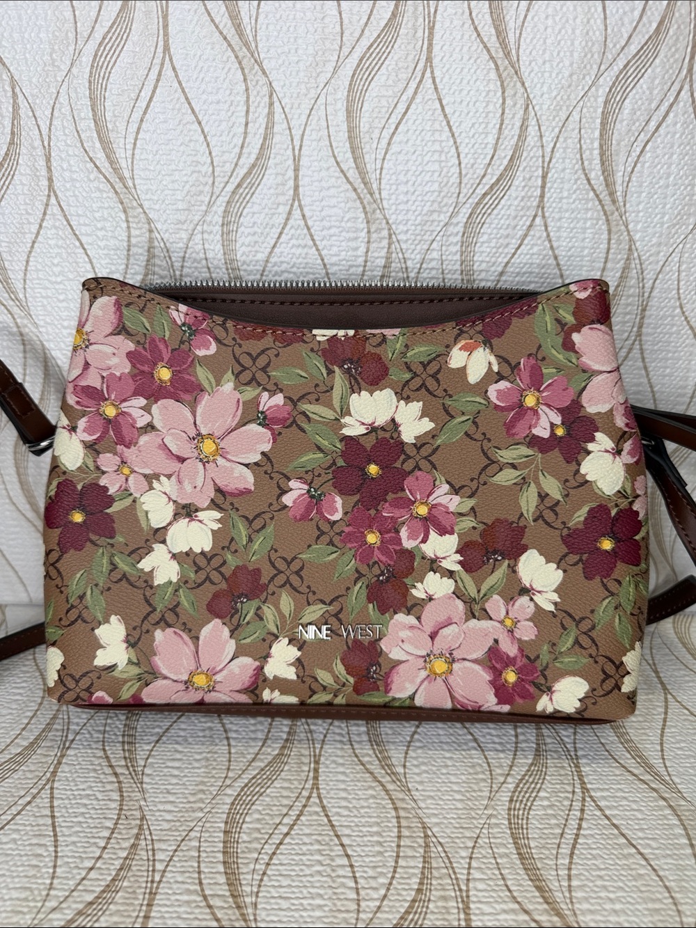 Nine West Brown Floral Crossbody with Pink & Burgundy Blooms